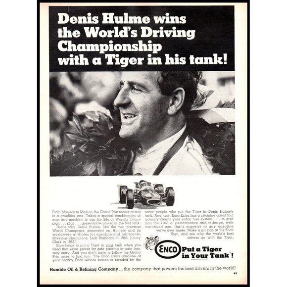 1968 Enco Racing Oil Grand Prix Denis Hulme Vintage Print Ad Tiger Wall Art - Picture 1 of 1